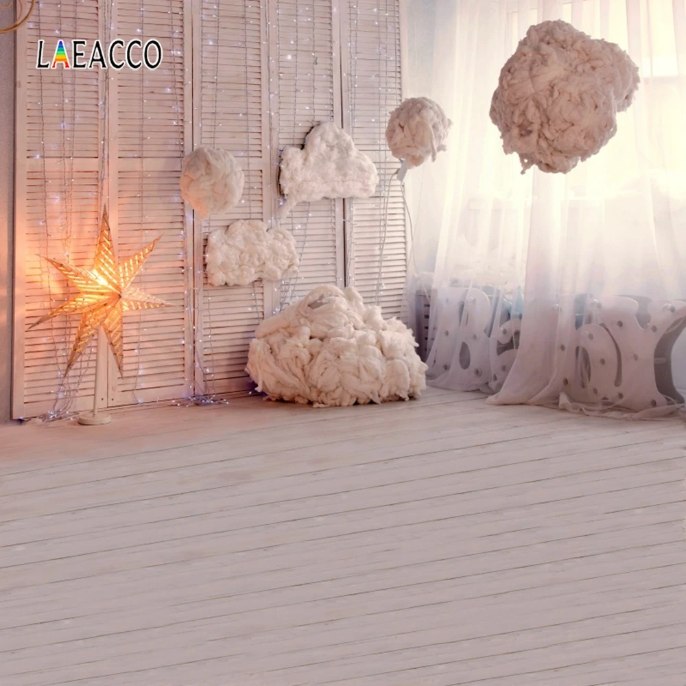 Laeacco Photography Backgrounds Shiny Star Cotton Clouds Wooden Floor Photo Backdrops Baby Shower Photophone Birthday Photozone |