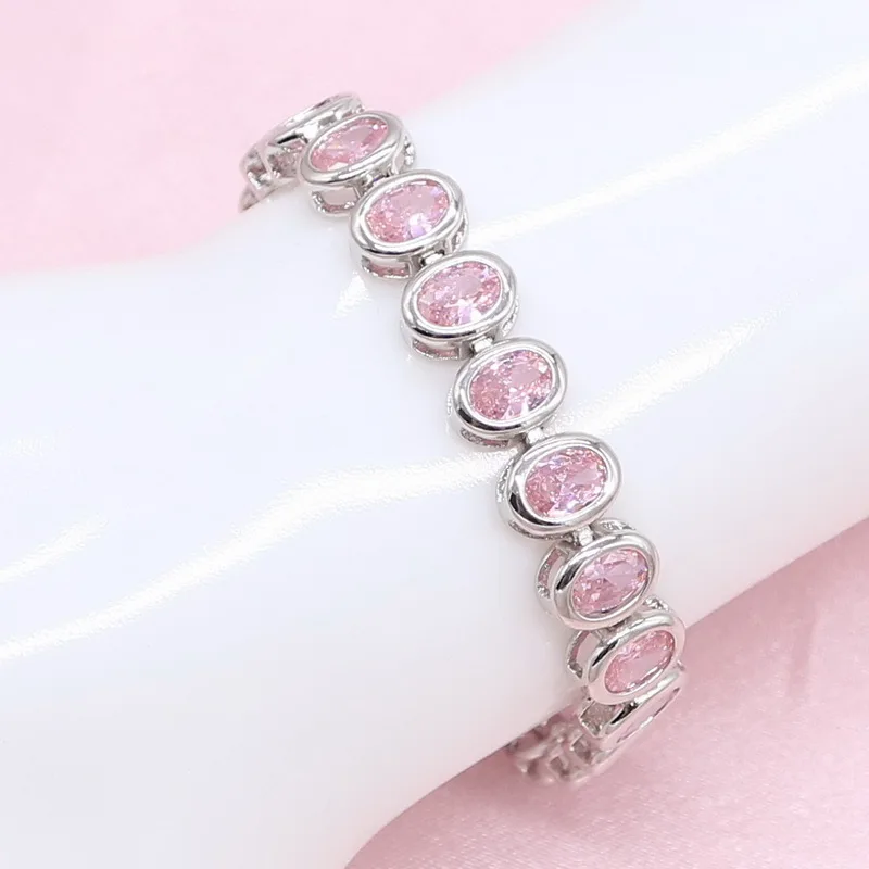 

Luxurious Pink Cubic Zirconia Wedding 925 Silver Jewelry Sets For Women Birthday Bracelet Earrings Necklace Ring Christmas Gift