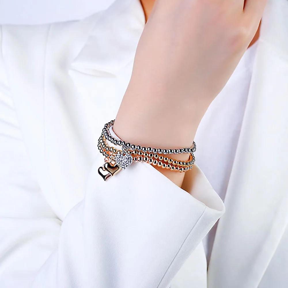 

Fashion Rhinestone Heart Crystal Charm Bracelets & Bangles Gold Silver Color Beads Pendants Women Ladies Bracelets 3Pcs/Set