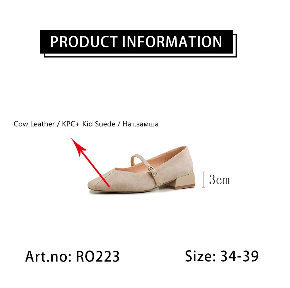 

RJN High Quality Genuine Leather Women's Shoes Shallow Square Toe Mary Jane Belt Buckle Decoration Womens Pumps Handmade RO223
