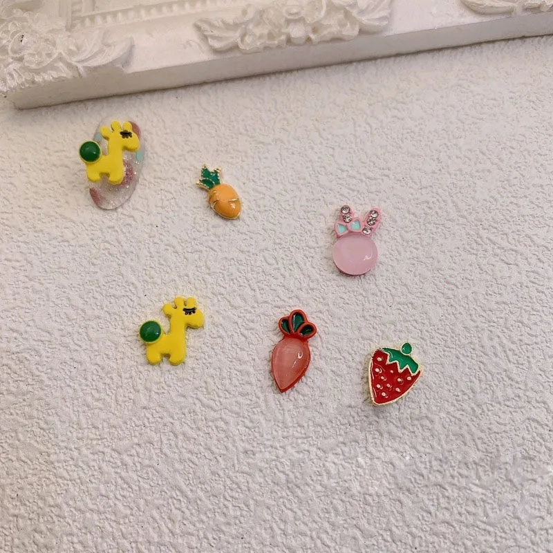 

10Pcs Nail Art Cartoon Charms Rabbit Radish Deer Strawberry Alloy Designer Rhinestones For Gel Polish Nail Accessories Jewelry