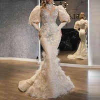 sweethug champagne feathers mermaid evening dresses full lace beading prom dresses long sleeves high neck vestidos robe