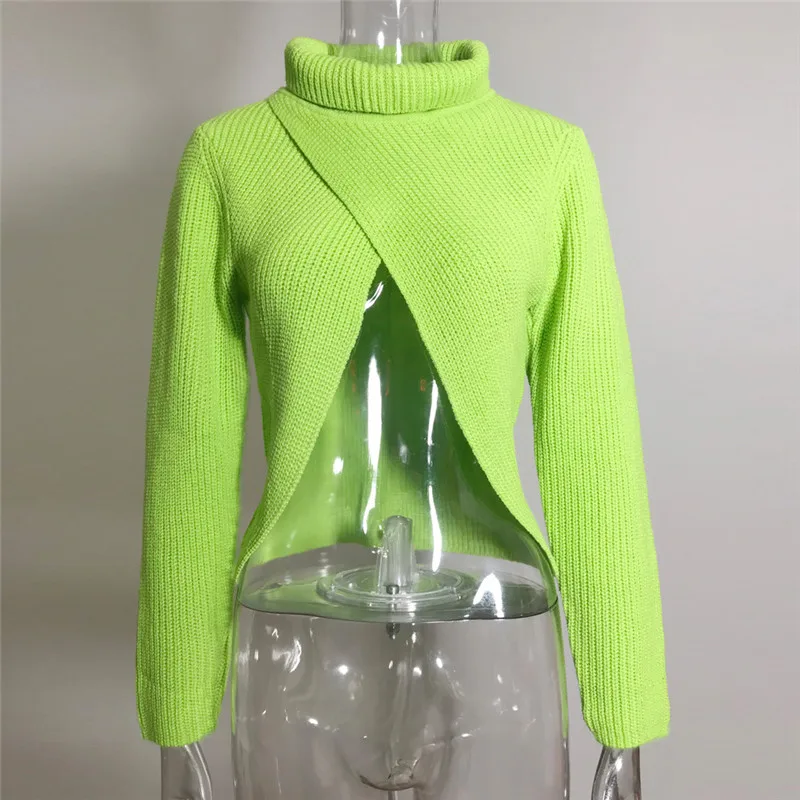 

Newest Sexy Women Turtleneck Autumn Winter Warm Sweater Pullovers Knitted Long Sleeve Sweater Jumper Split Crop Sweater Tops