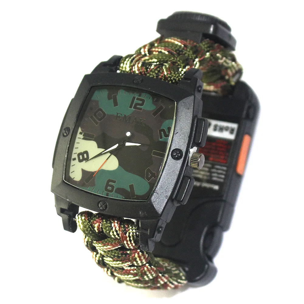 

A345 Outdoor mountaineering camping survival multifunctional umbrella rope braided survival watch, compass, lighting, whistle...