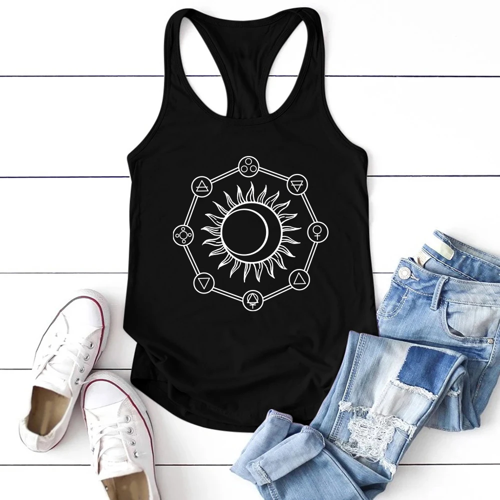 

Vintage Women Tank Tops Sun and Moon Print Retro Summer Tee Shirt Summer Loose Sleeveless Vest for Female Sport Top Clothing