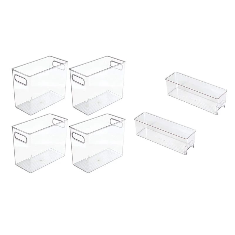 

4 Pack Tall Plastic Kitchen Pantry Cabinet & 2x Narrow Refrigerator Organizer Bins Clear Storage Bin with Handle