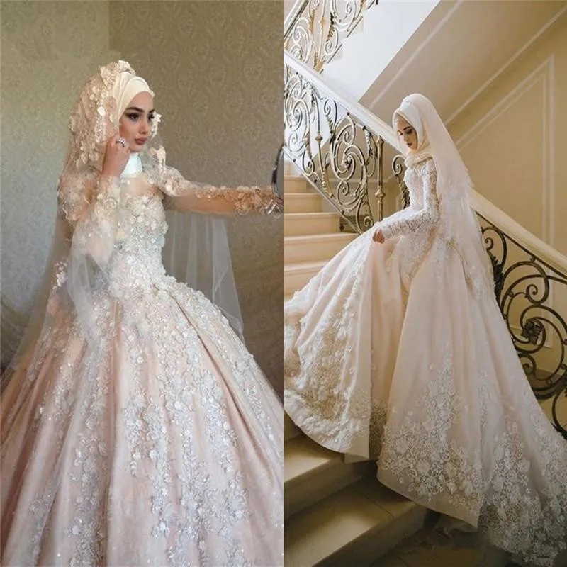 

Luxury Muslim Arabic Wedding Dresses 2021 Long Sleeve Full Lace 3D Floral Beaded Hijab Dubai Princess Bride Wedding Dress