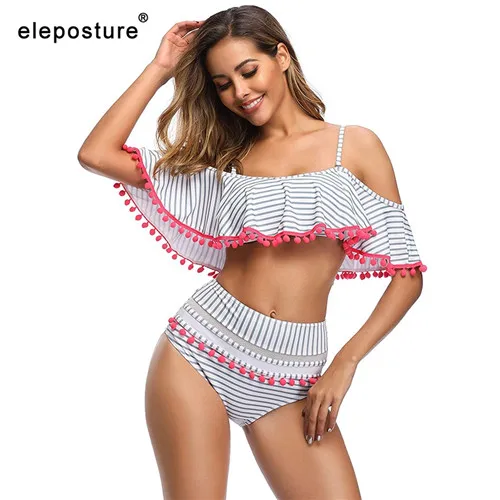 Striped Сексуальные бикини с открытыми плечами женский купальник юбка с оборками с завышенной талией бикини с помпоном купальники купальный костюм Пляжная одежда купальный костюм - Цвет: Striped