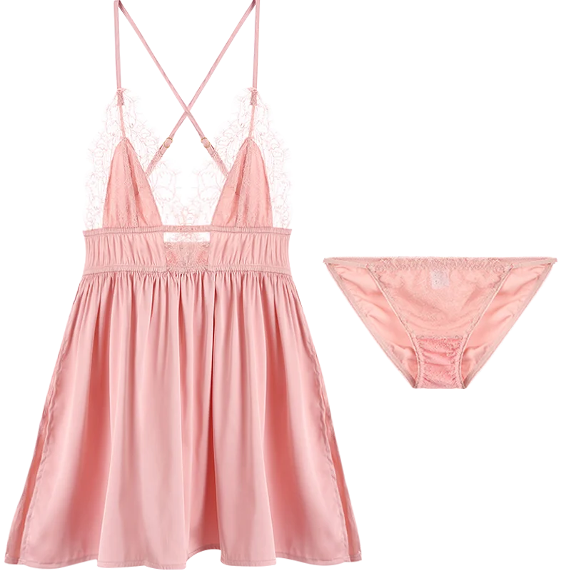 

Sexy Lingerie See Through Deep V Mesh Lace Sleep Wear Evening Nightgown with Thong Lace underwear Embroidery Short Hot Backless