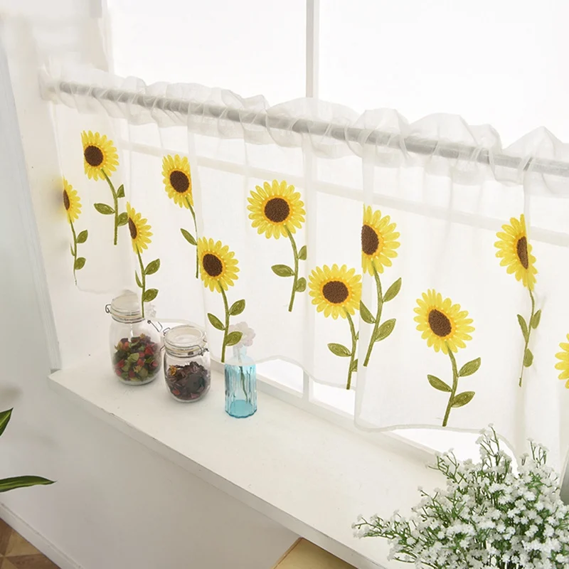 New Arrival 1 Piece Embroidered Sunflower Kitchen Curtain Short Window Curtain Cafe Valance Dining Room Decorative Curtain