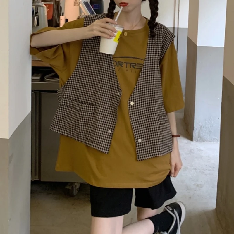 

Короткий свободный ретро-жилет в стиле «гусиная лапка» с V-образным вырезом, подходящее ко всему Бандажное платье в западном стиле, студенче...