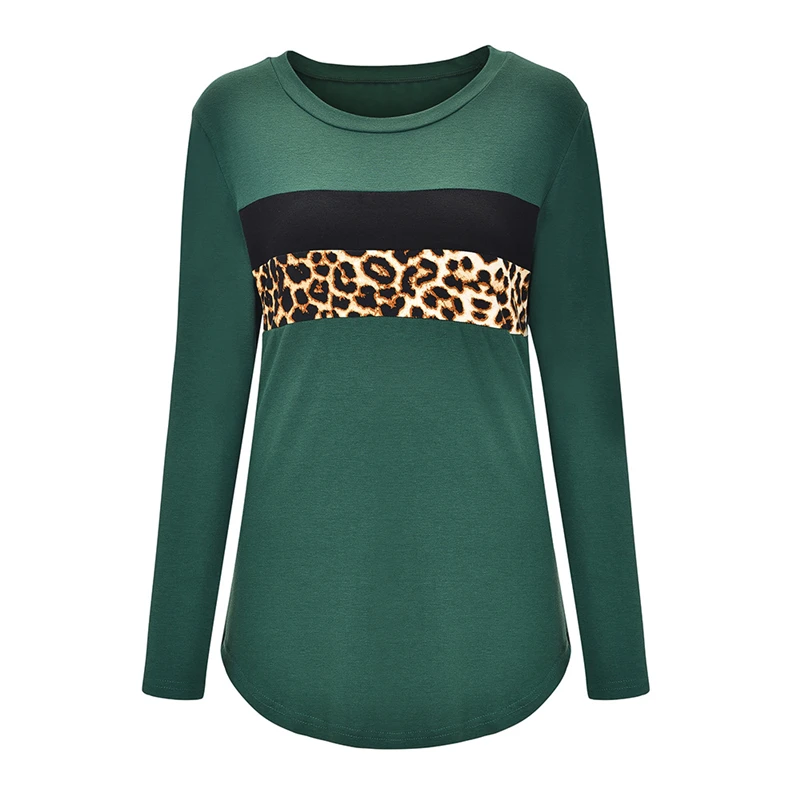 

AIIOU Autumn Women Tops Long Sleeve T Shirt Striped Tee Female Leopard Print Stitching Tees Casual Loose Top Lady T-shirt