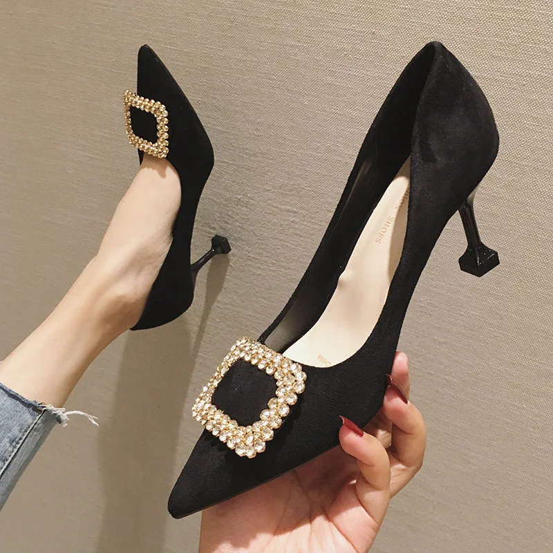 2019 г. новая весенне Осенняя обувь женская с острым носком украшенная стразами на
