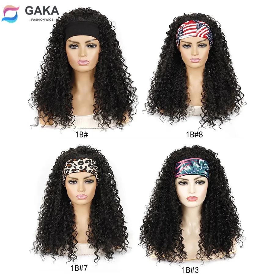 

GAKA Black Long Curly Synthetic Wigs for Women 4 Colors Natural Headbands Wig 2 In 1 Leopard Head Wrap Female Deep Curly Hair