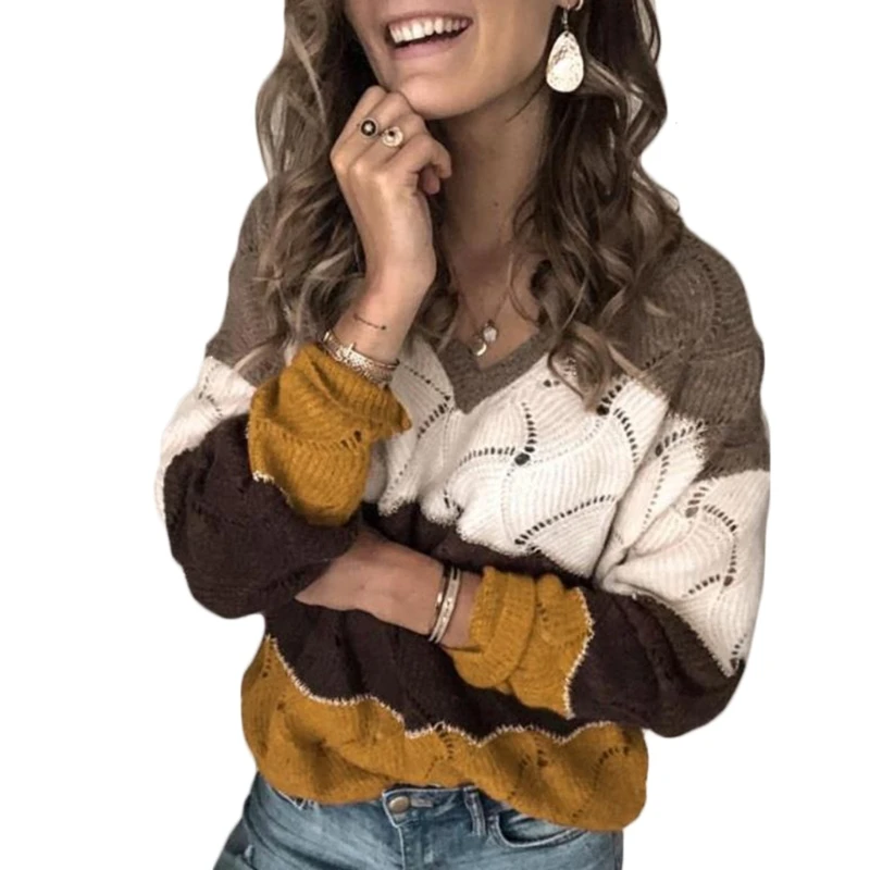 

Women Long Sleeve V-Neck Sweater Colorblock Striped Hollow Out Knit Jumper Tops Y1QD