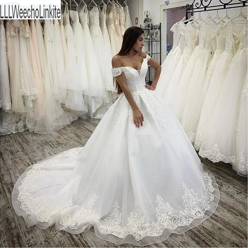 

Ivory Lace Tulle V-Neck Off The Shoulder Floor-Length Princess A-Line Wedding Dresses Chapel Train Custom Made