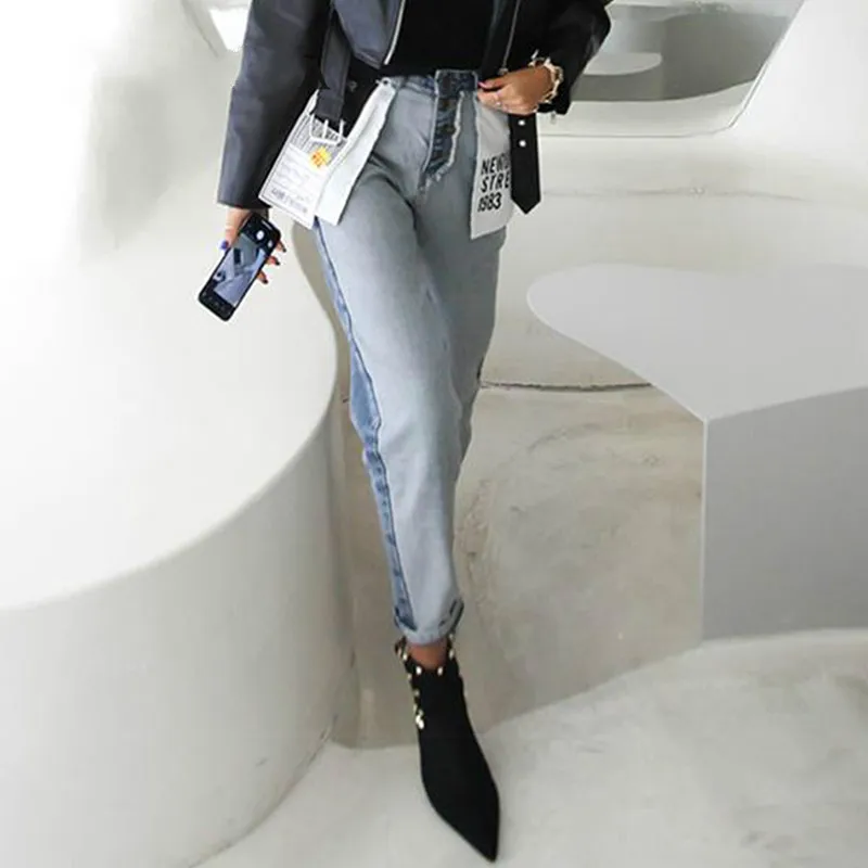 Джинсы с высокой талией из хлопка в Корейском стиле синие джинсы для мам женские