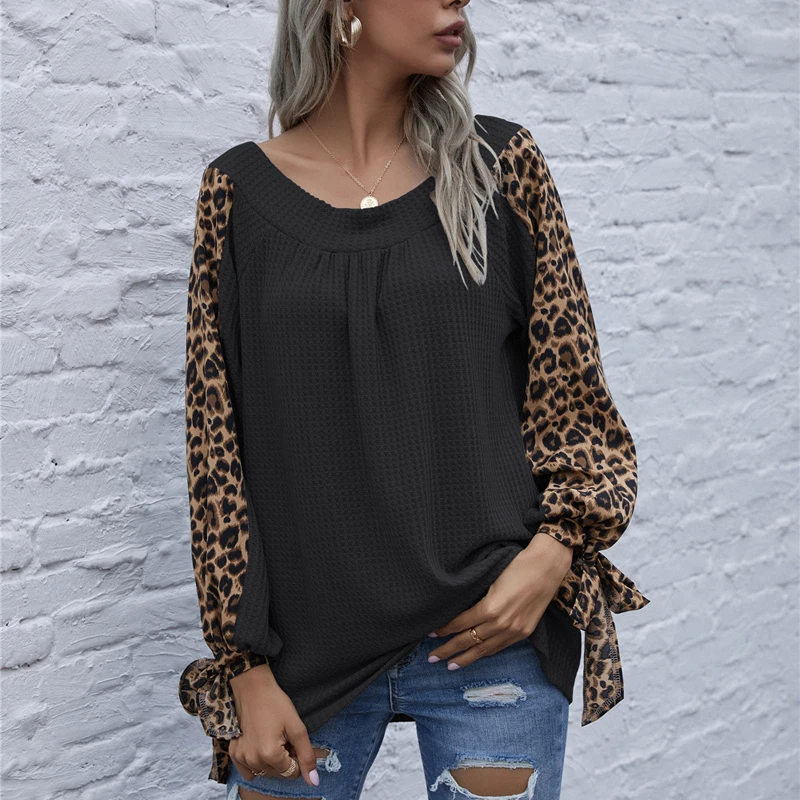 

Fashion Women Casual Loose Pullover O-neck Knotted Full Sleeve Leopard Splicing Printed T-shirt Commute Office T Shirt Fall Tops