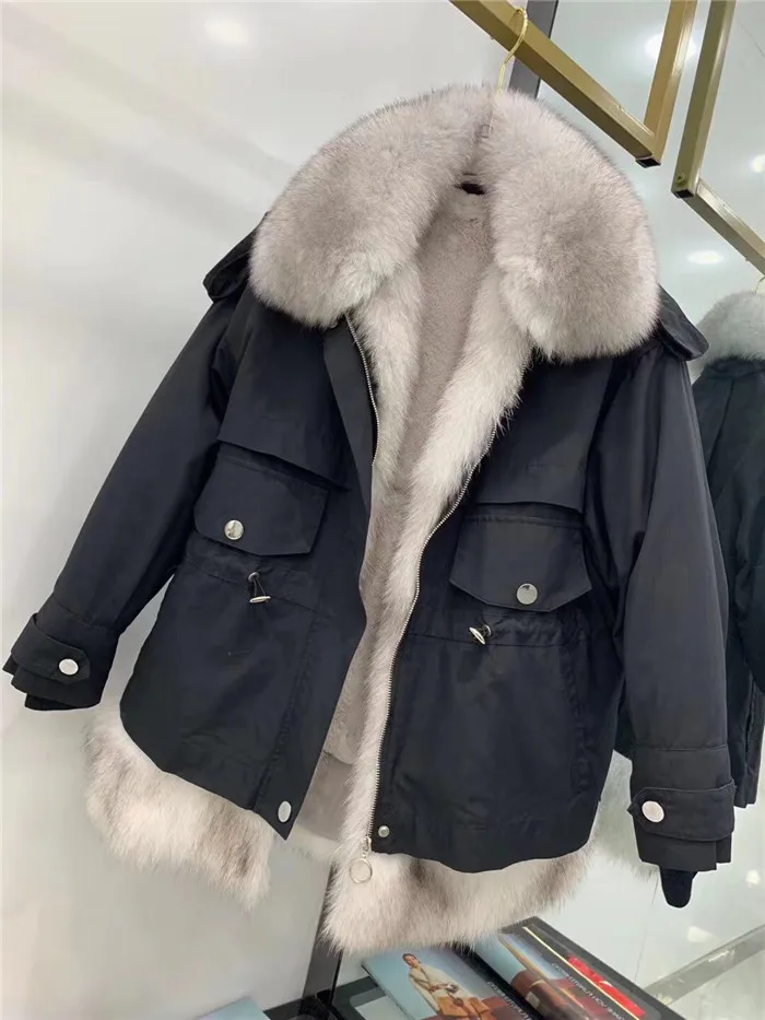 black with grey Женские Новые парки шуба из натурального Лисьего меха теплая Толстая съемная меховая подкладка из натурального меха лисы женская зимняя куртка - Цвет: black with grey