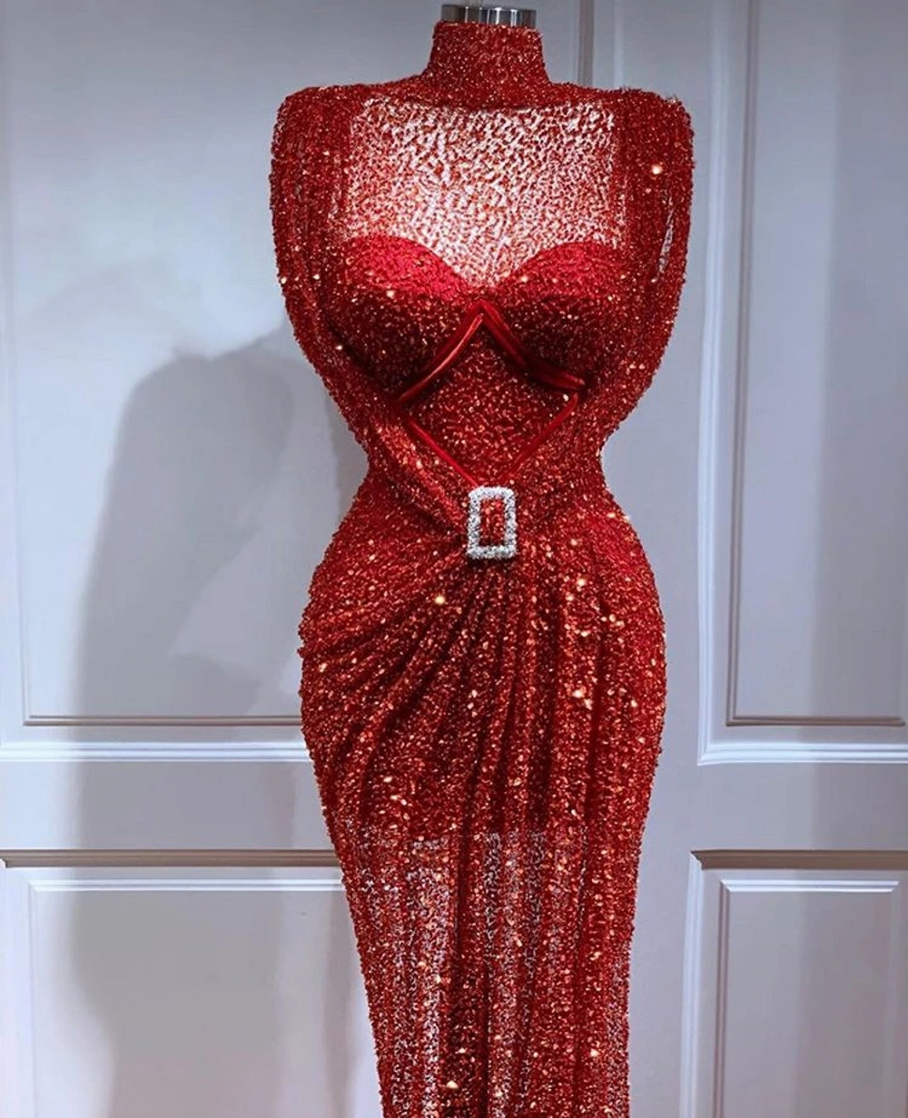 

Sparkly Red Mermaid Prom Gowns 2020 Sequined Beaded Split High Neck Special Occasion Dresses Formal Wear Wedding Party Dress