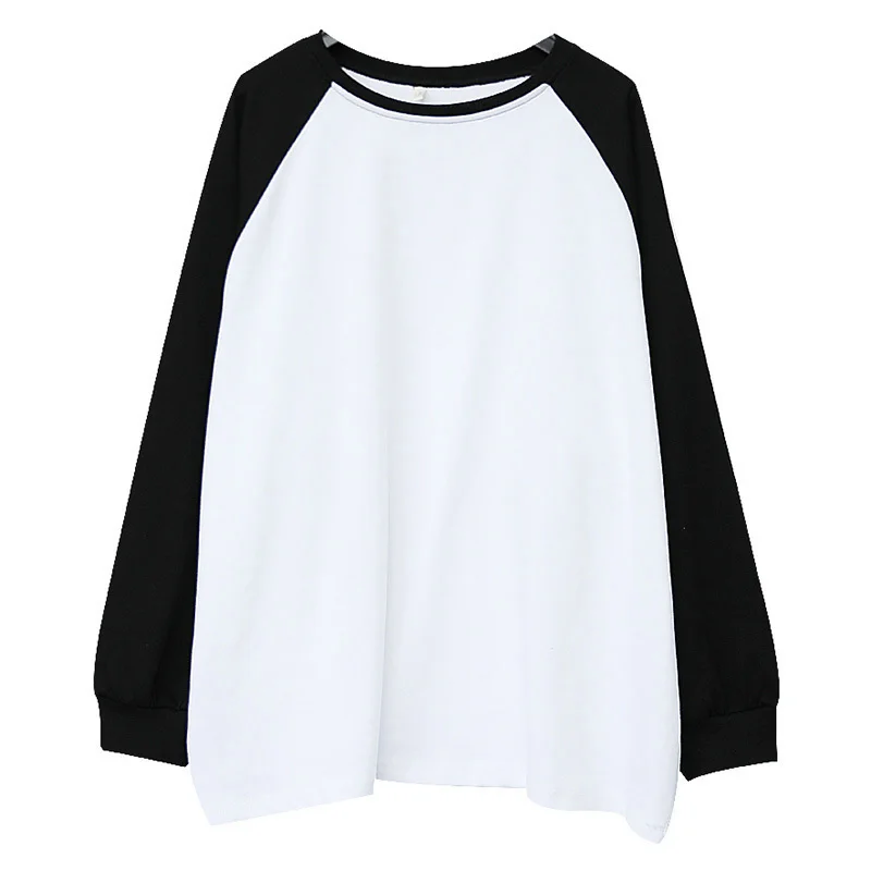 

Black White Women Contrast Spliced Big Size T-shirt New Round Neck Long Sleeve Fashion Tide Spring Autumn 2021 1DD1341