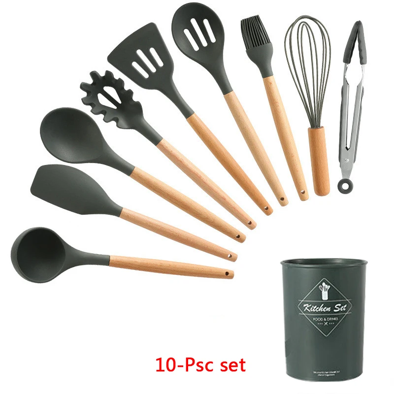 10-Pcs kitchen set 11-13 шт Силиконовая кухонная утварь набор кухонной утвари антипригарный шпатель Премиум деревянная ручка с ящиком для хранения кухонные инструменты - Цвет: 10-Pcs kitchen set