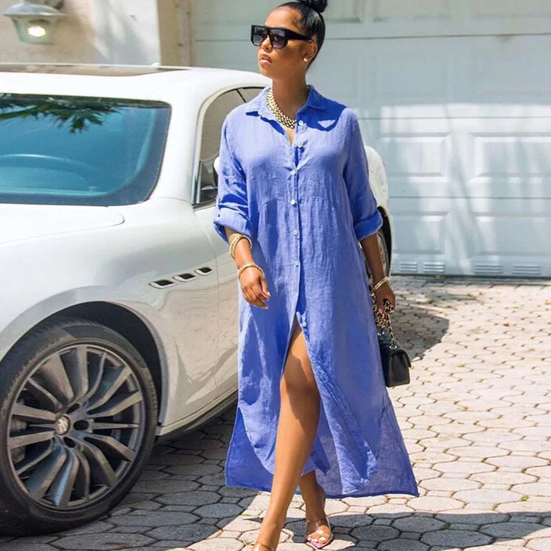 

Women Turn Down Collar Shirt Dress Casual Autumn Long Sleeve Ankle-length Party Dresses Ladies Button OL Style Maxi Dress