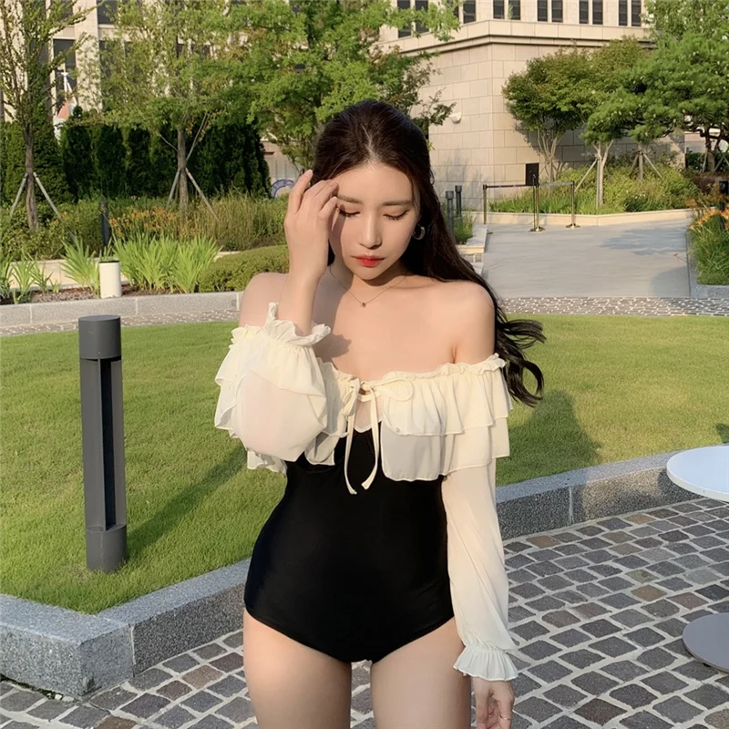 

Sexy Gauze One Piece Swimsuit Women Solid Swimwear Long Sleeve Ruffled Monokini Push Up Swim Suit Korea Style Bathing Suit Pads
