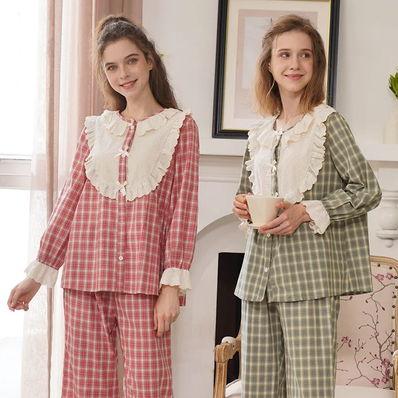 Осенний Женский комплект брюк с длинным рукавом и отложным воротником клетчатая