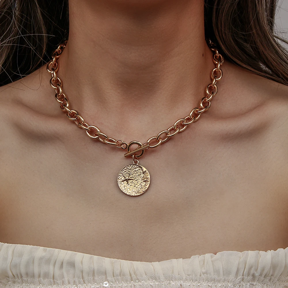 

2021 New Fashion Hiphop Street Stainless steel Brass Plated 18k Gold Moon Star Coin Pendant Chunky Chain Necklaces For Women