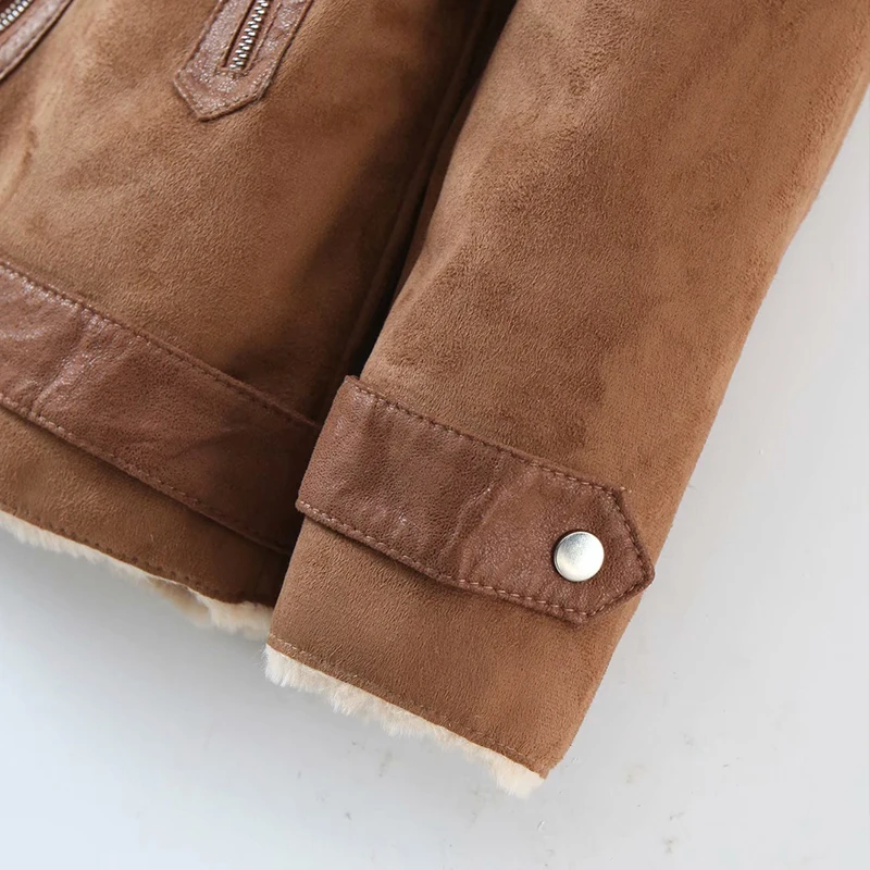

Fur Long Sleeved Loose Belt Warm Women's Jacket Lamb Wool Winter Thickened Locomotive Lapel Female Coat Black Chic PU Tops