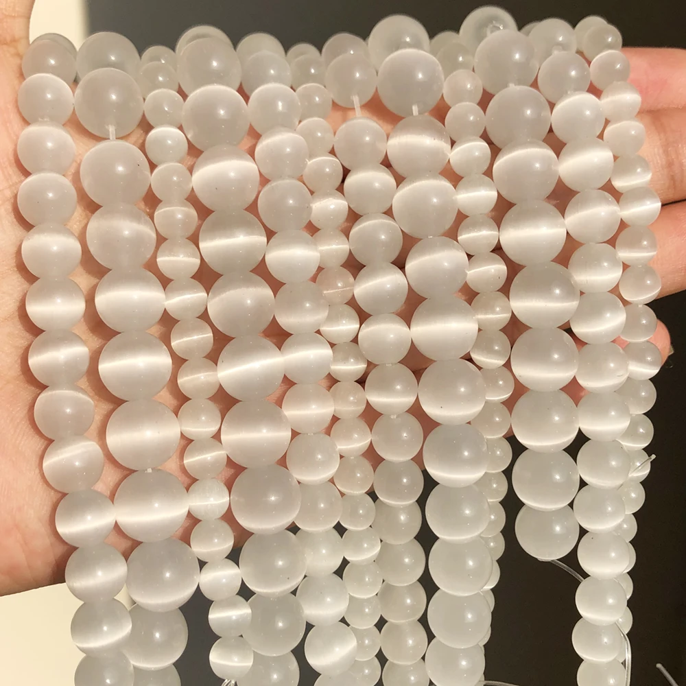 

White Cat Eye Natural Stone Round Beads Opal Moonstone Loose Spacer Beads For Jewelry Making DIY Bracelet 15inch 4/6/8/10/12mm