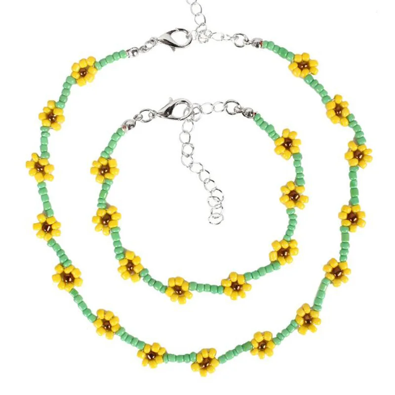 Набор из ожерелья и браслета Wgoud с ромашками Модный богемный этнический цветной