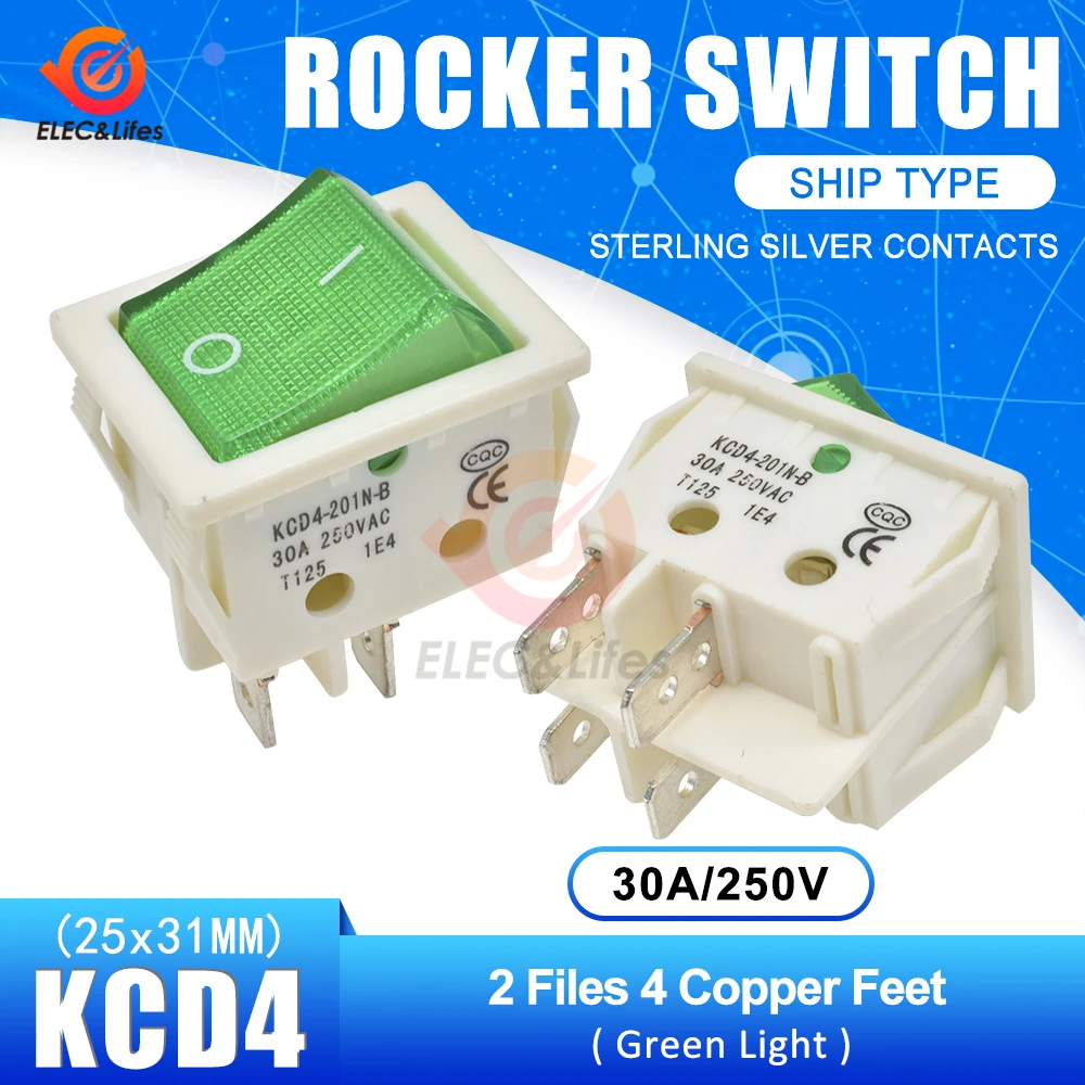 Green White 4pin 30A 250V 4 6 Pin ON-OFF кулисный переключатель для лодки контакты из стерлингового серебра KCD4 выключатель питания со светодиодным индикатором светильник 30A/250V 25*31MM - Цвет: Green White 4pin