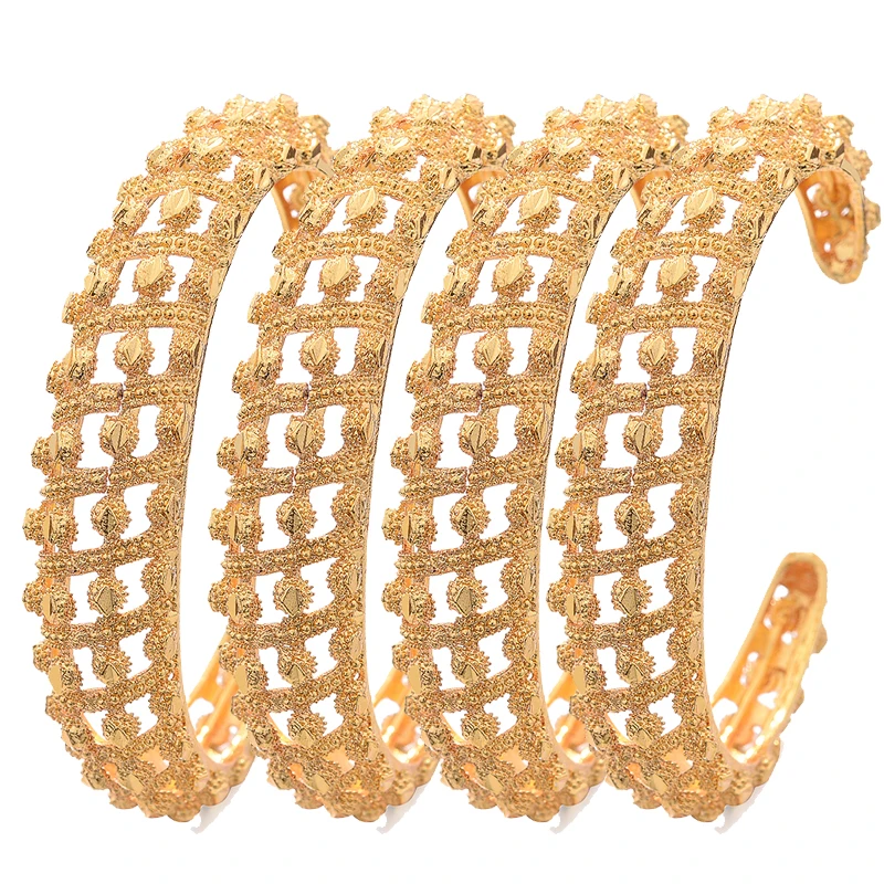 

24K 4Pcs/lot Dubai India Ethiopian Yellow Solid Gold Filled Lovely Bangles For Women girls party jewelry Bangles&Bracelet gifts