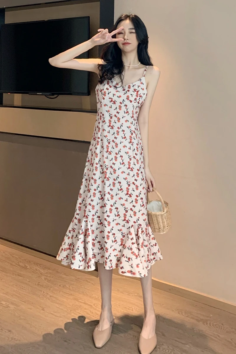 

COIGARSAM French Style Print Women Long dress Vintage Spaghetti Strap Dresses Floral 36967