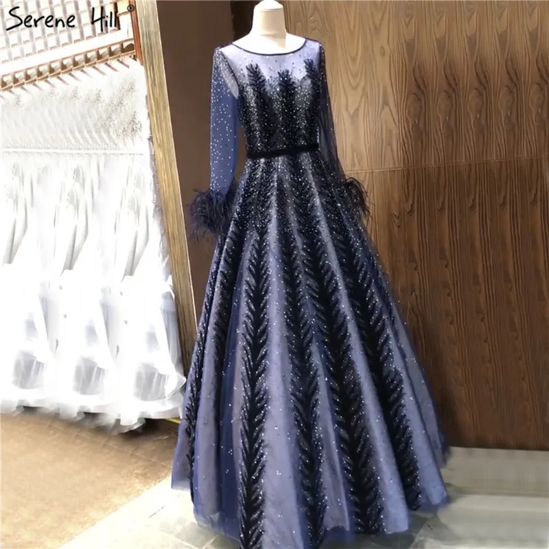 Роскошные синие платья Дубая для выпускного вечера с длинным рукавом перьями