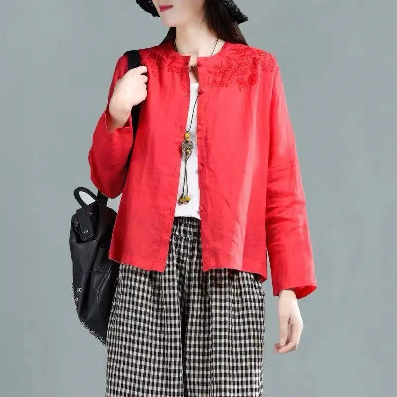 

Vintage Embroidery Solid Women Shirts 2020 Summer Cotton Linen Long-Sleeved Casual Female All Match Shirts Outwear Coat Tops