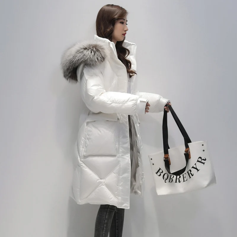 Куртка Janveny женская с воротником из натурального Лисьего меха большой пуховик на