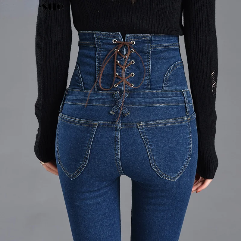 

High Waist Lace-up Skinny Jeans Women Korean Multi-button Slim Elasticity Fashion Classic Streetwear Female Denim Pencil Pants