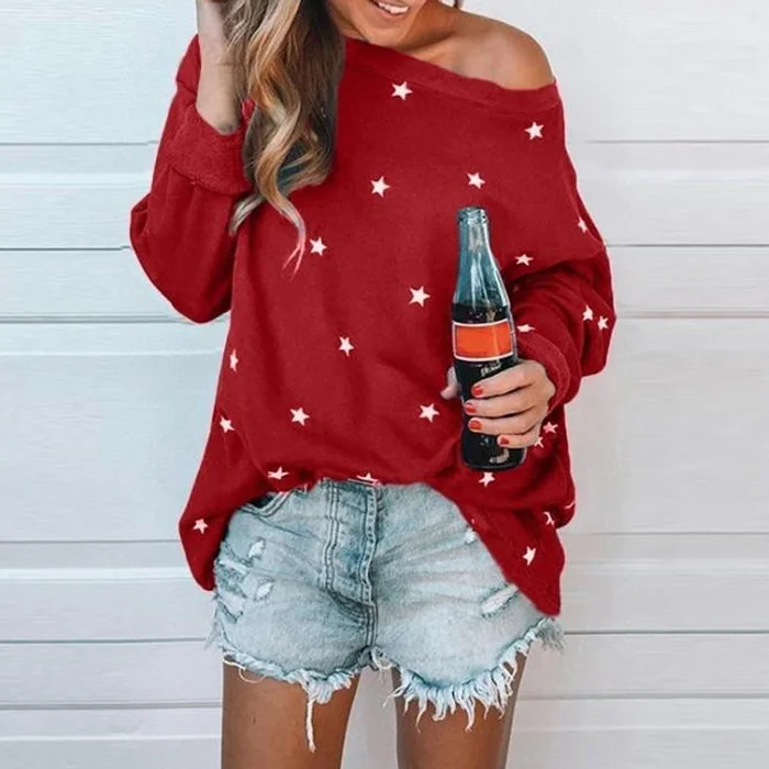 Red Lipswag, Женская S-5XL, Сексуальная Блузка с вырезом лодочкой, осень, длинный рукав, пятиконечная звезда, топ, повседневная, свободная, уличная одежда, рубашка размера плюс - Цвет: Red