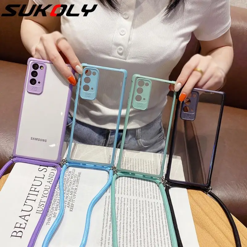 

For Samsung Galaxy Note 20 Ultra S20 Ultra S20 S10 Plus Lanyard Clear Silicone Case Color Bumper Camera Lens Protective Cover