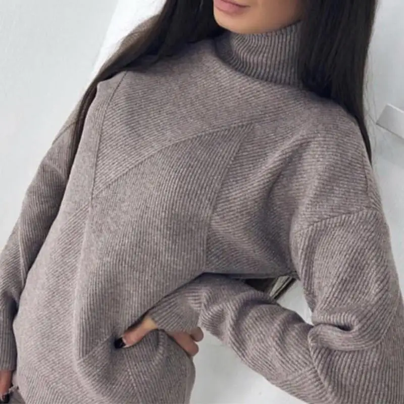 Turtleneck Pullovers And Long Knitted Pants Sets Thick Tracksuit Women Knit Suits Solid Winter Sweaters | Женская одежда