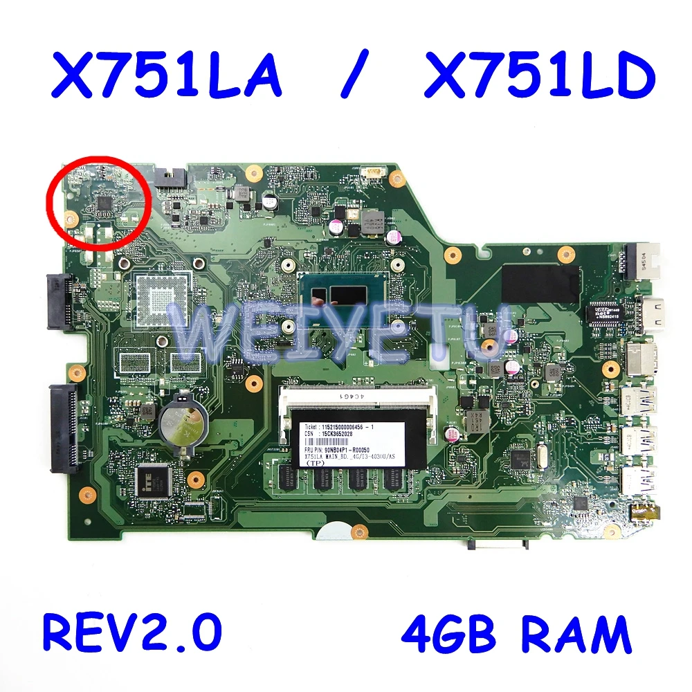

Материнская плата X751LA REV2.0 для ASUS X751L K751L K751LD R752L R752LD R752LN X751LD X751LN X751LD I3-4030CPU 4 Гб, материнская плата для ноутбука