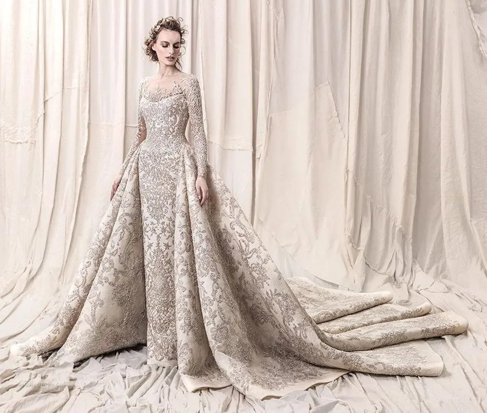 

Luxury Beads Sequins Lace Dresses for Wedding Party 2020 Romantic A Line Long Sleeve Wedding Bridal Gowns Robe De Mariee