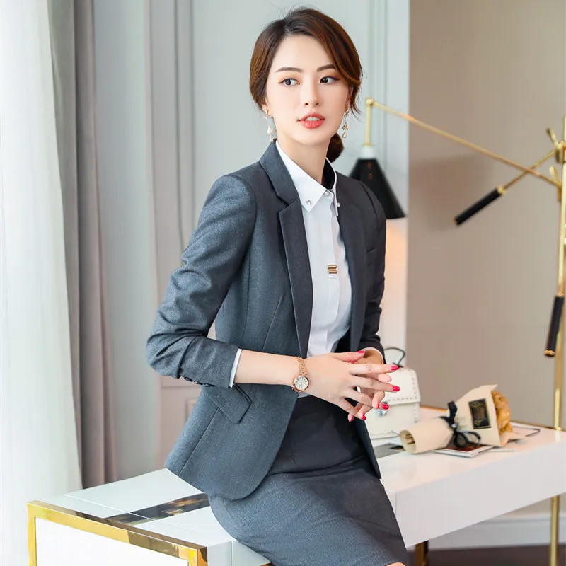 IZICFLY Spring Autumn New Womens Suits Blazer With Pants Two Piece Set Work Wear Elegant Business Office Uniform Style Gray