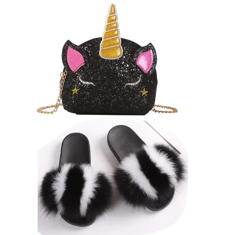 Меховые шлепанцы для женщин милые Мультяшные сандалии желе с единорогом меховые