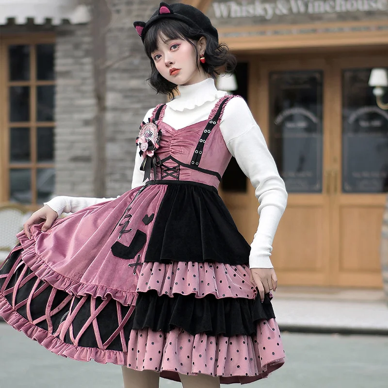 

Spring Partner Lolita Explosion Raspberry Jsk Color Matching Black Sweet Sutumn And Winter Dress Set