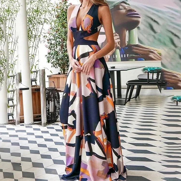 

Elegant Print Maxi Dress Women sling Sleeveless V Neck Cut Out Dress