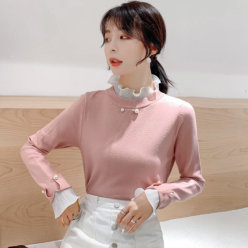 Вязанные блузки осень 2019 новые тонкие шифоновые с длинным рукавом и